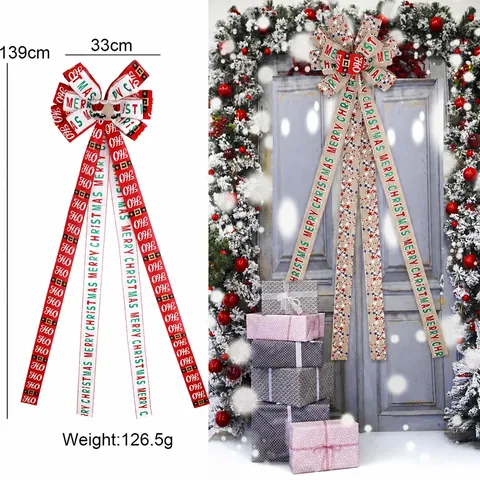 Grande Fiocco per Punta di Albero di Natale in Simil Lino con Nastri Lunghi Stampa Merry Christmas HO HO HO Decorazione