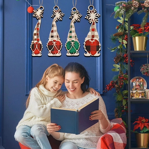 Ornements Suspendus Gnome De Noël En Bois Flocon De Neige Découpé Au Laser Pendentifs À Carreaux Pour Décoration De Sapin