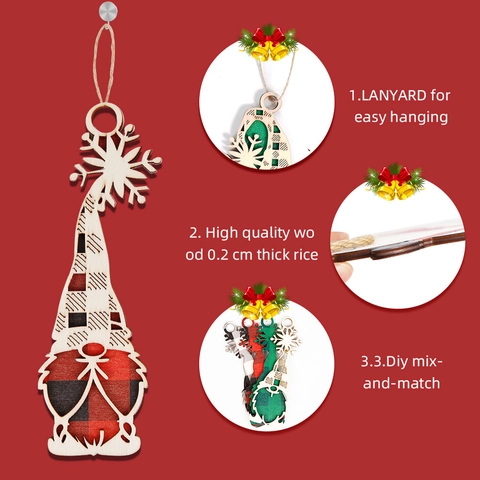 Ornamenti Gnomo di Natale in Legno Plaid Buffalo Pendaglio Uomo Senza Volto Fiocco di Neve Decorazione per Albero di Natale