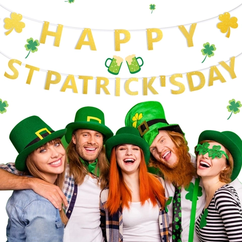Banner San Patrizio Oro Glitter Happy St Patrick's Day Ghirlanda Decorazione Festa Quadrifoglio Appesa