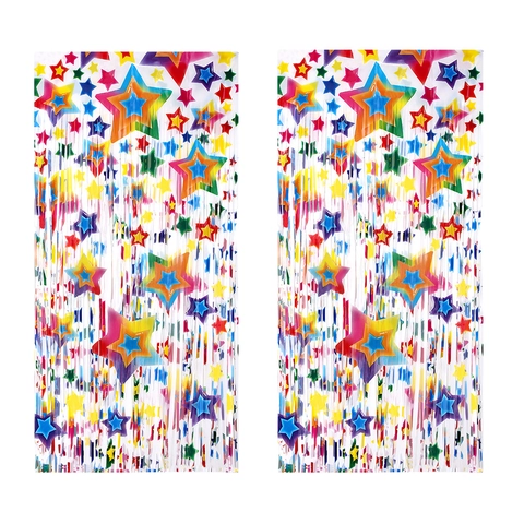 Colorful Star Tinsel Foil Fringe Curtain Star Printed PET Backdrop For Birthday Party Wedding Christmas Celebration