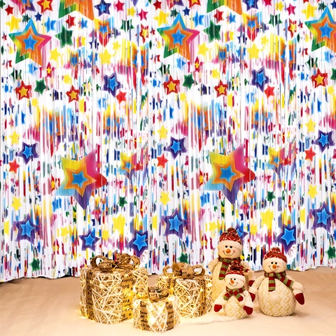 Rainbow Pentagram Star Foil Fringe Curtain PET Tinsel Tassel Backdrop For Birthday Party Wedding Christmas Decoration