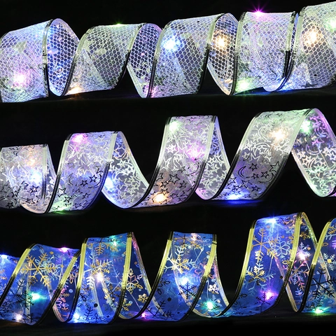 Weihnachten LED Band Lichter Bronzieren Netz Organza Lichterkette Mit Schneeflocke Stern Muster Für Baum Deko Party Geschenk