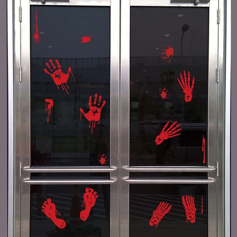 Horror Halloween Bloody Handprint Footprint Static Window Stickers PVC Blood Spatter Skeleton Hand Decals For Party Decor