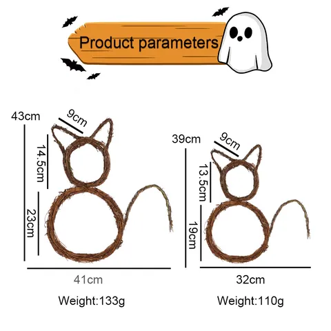 Halloween Cat Shaped Vine Wreath Foldable Natural Rattan Wreath For DIY Party Decoration Home Wall Door Hanging Decor