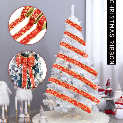 Ruban de Noël Rouge Or Estampé Motif Renne Sapin Ruban à Bord Filaire pour Décoration Cadeau Fête Ornement Sapin de Noël