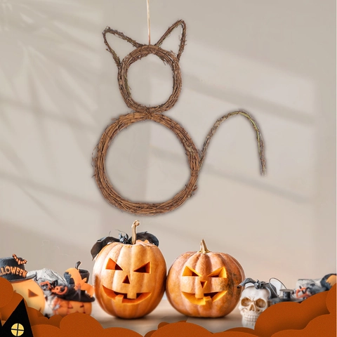 Halloween Cat Shaped Vine Wreath Foldable Natural Rattan Wreath For DIY Party Decoration Home Wall Door Hanging Decor