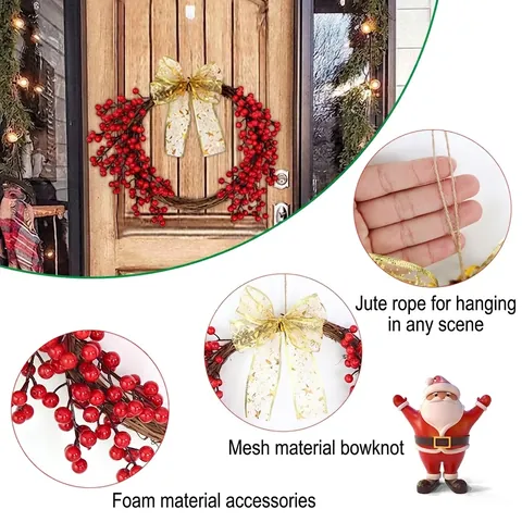 Ghirlanda di Bacche Rosse Artificiali per Decorazioni Natalizie Ghirlanda da Appendere in Vite Con Grande Fiocco per Casa Porta D'ingresso Parete Ornamento Decorazioni Festive