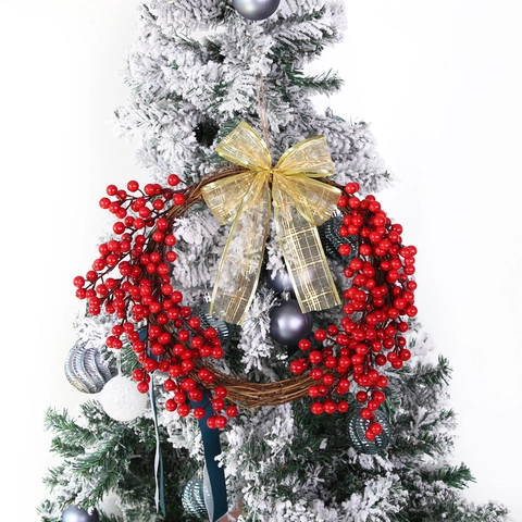 Christmas Red Berry Wreath Decorative Vine Ring With Mesh Bow Knot For Festive Holiday Party Home Door Wall Hanging Ornament