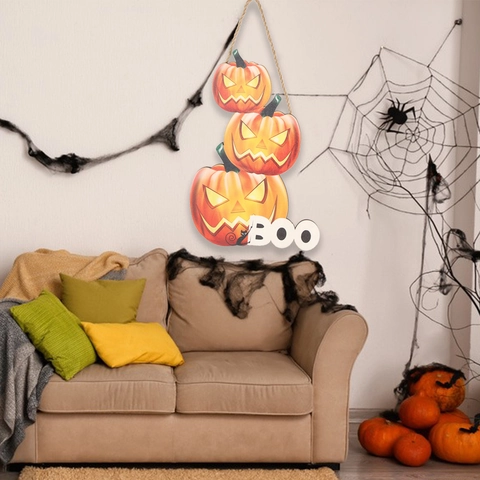 Halloween Wooden Hanging Sign Jack-O'-Lantern Pumpkin Ghost Skull Door Hanger For Front Door Home Party Decoration Spooky Boo Sign