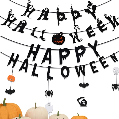 Happy Halloween Banner Vliesfilz Gruselige Partydekoration Kürbis Fledermaus Geist Spinnennetz Hängegirlande