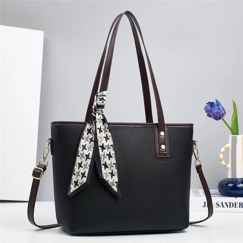 Borsa Tote Donna Retro in Pelle PU Moda Grande Capacità Borsa a Tracolla Con Sciarpa di Seta Pied de Poule Handbag