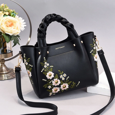 Sac À Main Femme En Cuir PU Broderie Florale Poignée Tissée Sac Bandoulière Élégant Chic À La Mode