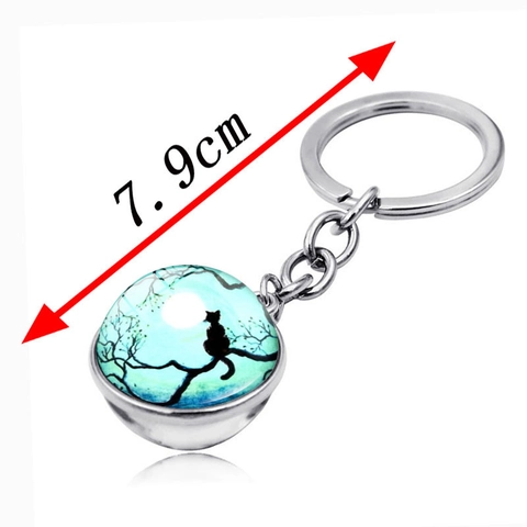 Porte-Clés Vintage en Alliage de Zinc Boule de Verre Lune Branche de Chat Silhouette Gemme du Temps Pendentif Double Face