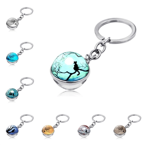 Porte-Clés Vintage en Alliage de Zinc Boule de Verre Lune Branche de Chat Silhouette Gemme du Temps Pendentif Double Face