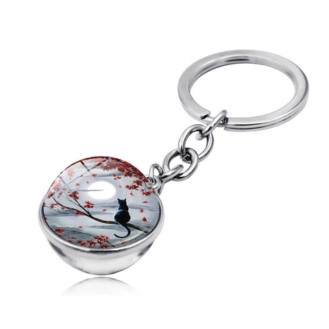 Künstlerisch Schwarze Katze Unter Mond Glas Zeit Edelstein Schlüsselanhänger Zinklegierung Silhouette Katze Anhänger Schlüsselring Geschenk