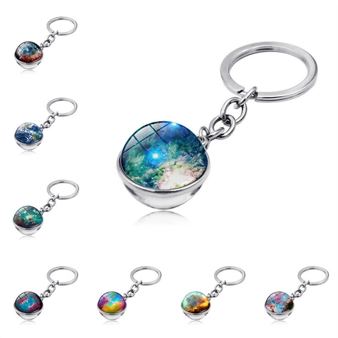 Universe Galaxy Solar System Nebula Glass Ball Keychain Zinc Alloy Time Gem Key Ring Pendant For Daily Gift Accessories