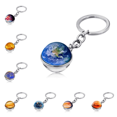 Solar System Planet Glass Ball Keychain Universe Galaxy Pendant Zinc Alloy Key Ring Astronomical Bag Accessory Gift