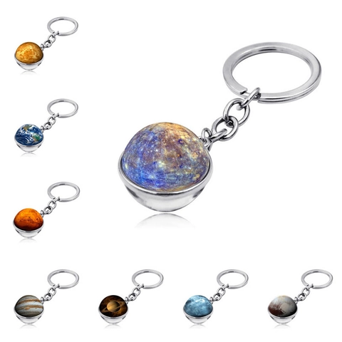 Galaxy Planetary Glass Ball Keychain Solar System Space Theme Zinc Alloy Keyring For Astronomy Lovers Science Jewelry Gift