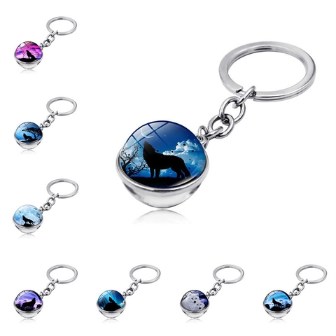 Howling Wolf Glass Ball Keychain Zinc Alloy Key Ring Double Sided Moon Forest Animal Pendant For Men Women Car Bag Hanging Jewelry Gift