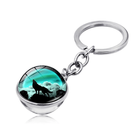 Howling Wolf Glass Ball Keychain Zinc Alloy Key Ring Double Sided Moon Forest Animal Pendant For Men Women Car Bag Hanging Jewelry Gift