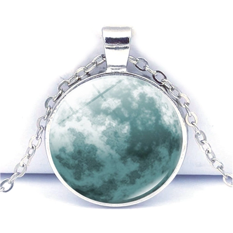 Retro Blauwe Maan Tijdsteen Glas Cabochon Hanger Ketting Zinklegering Ronde Maanlicht Melkweg Sieraden Voor Dames Heren