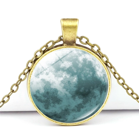 Retro Blauwe Maan Tijdsteen Glas Cabochon Hanger Ketting Zinklegering Ronde Maanlicht Melkweg Sieraden Voor Dames Heren