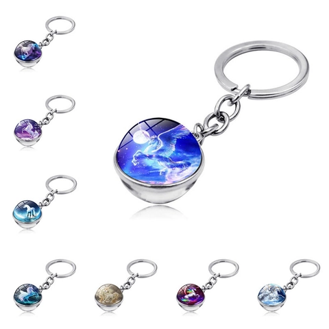 Porte-clés Alliage De Zinc Boule De Verre Double Face Licorne Fantaisie Rêveuse Lune Étoiles Pendentif Cadeau Accessoire