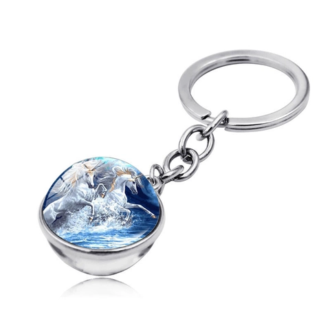 Porte-clés Alliage De Zinc Boule De Verre Double Face Licorne Fantaisie Rêveuse Lune Étoiles Pendentif Cadeau Accessoire