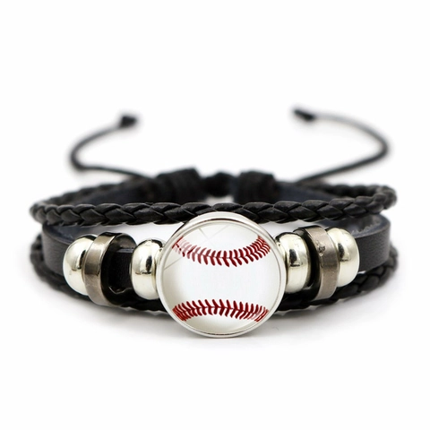 Pulsera De Cuero Sintético Trenzado Multicapa Con Patrón De Béisbol Cabujón De Vidrio Y Cuentas De Aleación Joyería Deportiva Retro Ajustable