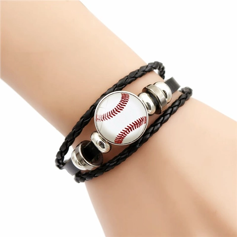 Pulsera De Cuero Sintético Trenzado Multicapa Con Patrón De Béisbol Cabujón De Vidrio Y Cuentas De Aleación Joyería Deportiva Retro Ajustable