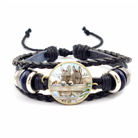 Bracciale In Pelle Intrecciata Cabochon In Vetro Motivo Asino Vintage Regolabile Stile Punk Gioielli