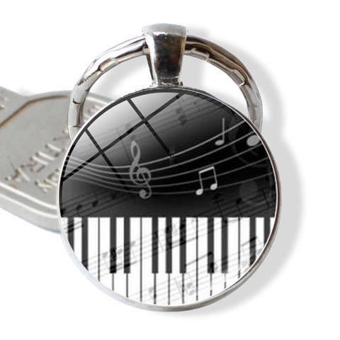 Musik Klavier Tastatur Schlüsselanhänger Zinklegierung Glas Cabochon Rund Schlüsselring Noten Anhänger Geschenk