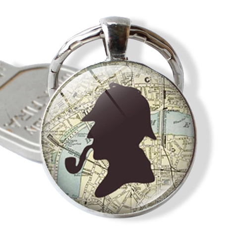 Porte-clés Style Sherlock Britannique Vintage Alliage De Zinc Dôme En Verre Motif Carte Rétro Pendentif