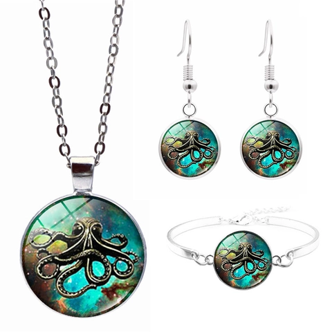 Collana Orecchini Bracciale Polpo Nebulosa Accessori Vetro Lega Stile Steampunk Gotico
