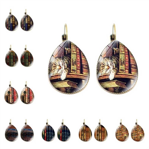 Vintage Wassertropfen Ohrhänger Mit Glas Cabochon Bibliothek Bücherregal Und Katzenmustern Retro Bronze Legierung Schmuck Für Damen