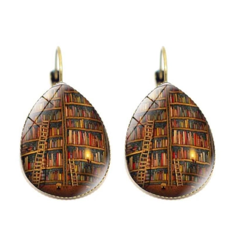 Vintage Wassertropfen Ohrhänger Mit Glas Cabochon Bibliothek Bücherregal Und Katzenmustern Retro Bronze Legierung Schmuck Für Damen
