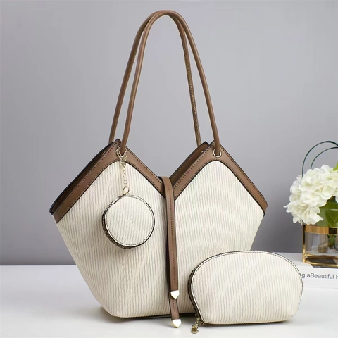 Borsa Tote Da Donna Pochette E Portamonete Pelle PU Trama A Coste Verticali Grande Capacità Street Trend Elegante Alla Moda