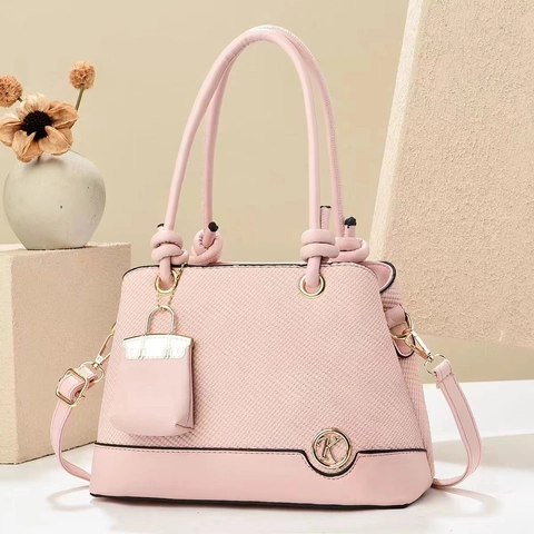 Women Shoulder Bag Woven Texture PU Leather Stitching Knot Handle Handbag With Mini Bag Charm Versatile Tote For Lady