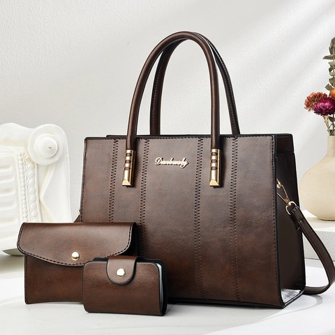 Women Vintage PU Leather Tote Handbag Clutch And Card Holder Solid Color Vertical Stitching Elegant Daily Commute Bags