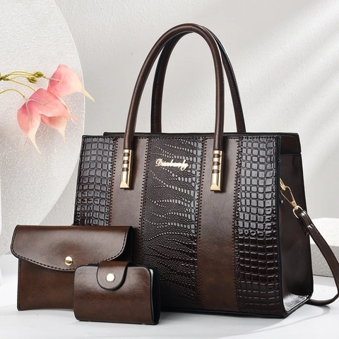 3-teiliges Damen Handtaschen Set Krokodilmuster PU Leder Große Tragetasche Umhängetasche Mit Geldbörse Kartenhalter Geschenk