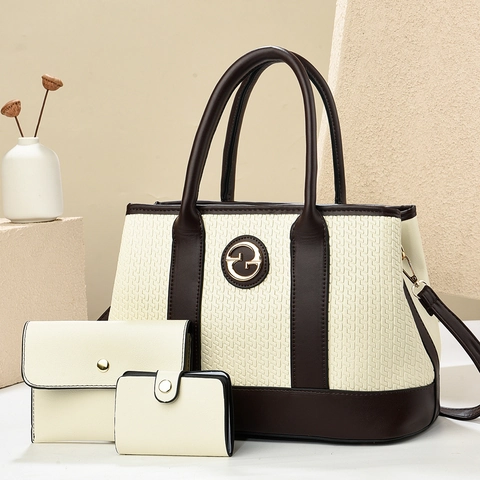 Damen Geprägte PU Leder Handtasche Schultertasche Kontrastfarbe Clutch Geldbörse Kartenhalter Elegant Büro Dame