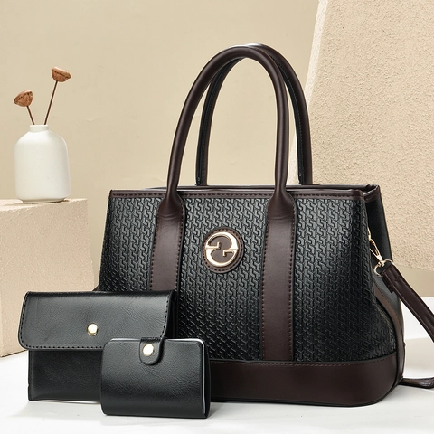 Damen Geprägte PU Leder Handtasche Schultertasche Kontrastfarbe Clutch Geldbörse Kartenhalter Elegant Büro Dame