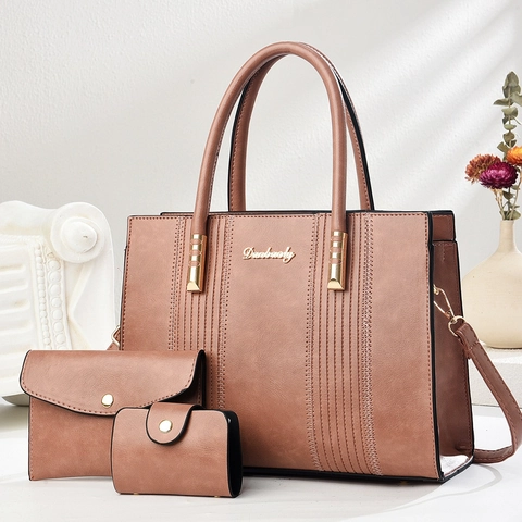 Women Large Capacity PU Leather Tote Handbag With Clutch And Card Holder Elegant Quilted Pattern Fashion Shoulder Bag