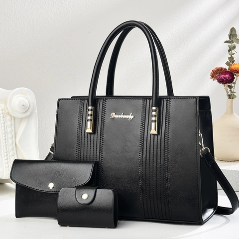 Women Large Capacity PU Leather Tote Handbag With Clutch And Card Holder Elegant Quilted Pattern Fashion Shoulder Bag