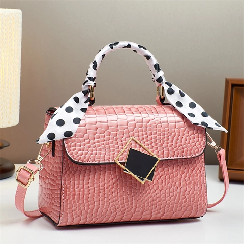 Women Glossy PU Leather Crocodile Pattern Shoulder Bag With Polka Dot Scarf Handle Gold Geometric Lock Crossbody Handbag