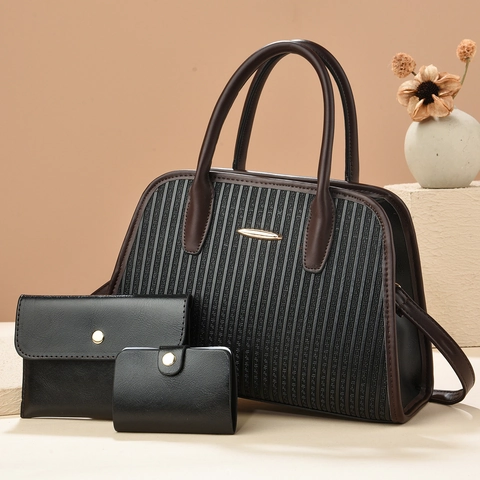 Set Borse Donna in Pelle PU 3 Pezzi a Righe Patchwork Borsa Tote a Tracolla Con Portafoglio e Porta Carte