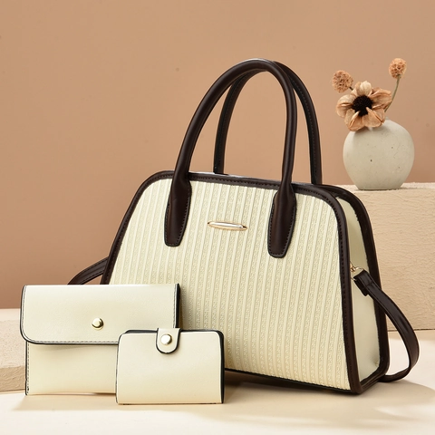Set Borse Donna in Pelle PU 3 Pezzi a Righe Patchwork Borsa Tote a Tracolla Con Portafoglio e Porta Carte