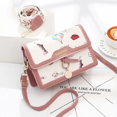 Fashion Women Travel Print PU Leather Small Square Bag Cartoon Illustration Shoulder Crossbody Bag With Wide Embroidery Strap