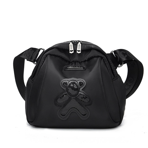 Fashion Women Shell Crossbody Bag Large Capacity Nylon PU Leather Shoulder Bag Sequin Bear Design Casual Streetwear Satchel With Wide Strap